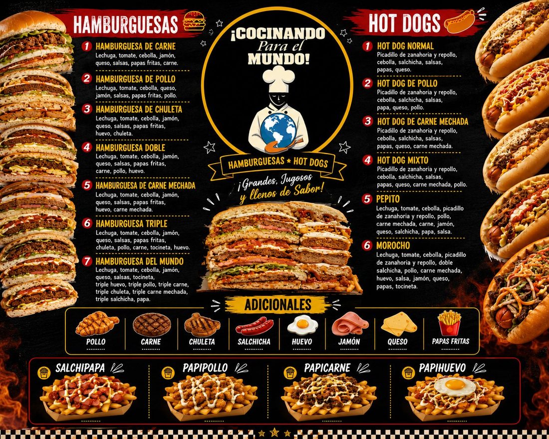 Menu de hamburguesas y hot dogs
